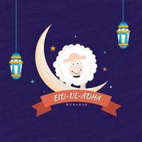 eid-ul-adha Mubarak texto en cinta con creciente luna, dibujos animados oveja y colgando linternas en púrpura grunge antecedentes. vector