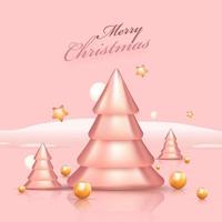 3D Glossy Xmas Trees With Golden Stars, Pearls And Snow On Pastel Pink Background For Merry Christmas. vector
