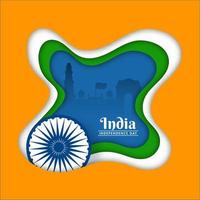 indio bandera color papel cortar antecedentes con ashoka rueda y azul silueta India famoso monumentos para independencia día concepto. vector