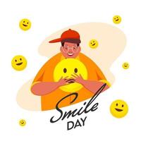 Cartoon Young Man Holding Smiley Emoji on White Background for Smile Day. vector