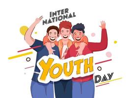 Stylish International Youth Day Text With Cheerful Young Boys In Photo Capture Action On White Background. vector