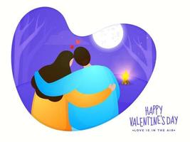 espalda ver de encantador Pareja abrazando con hoguera en lleno Luna resumen púrpura antecedentes para contento San Valentín día, amor es en el aire concepto. vector