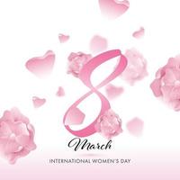 8 marzo, internacional De las mujeres día texto con lustroso rosado flores y pétalos decorado en blanco antecedentes.