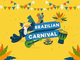 Brazilian Carnival Celebration Concept With Cartoon Couple Character, Toucan Bird, Party Masks, Music Instruments And Bunting Flags Decorated On Yellow Background. vector