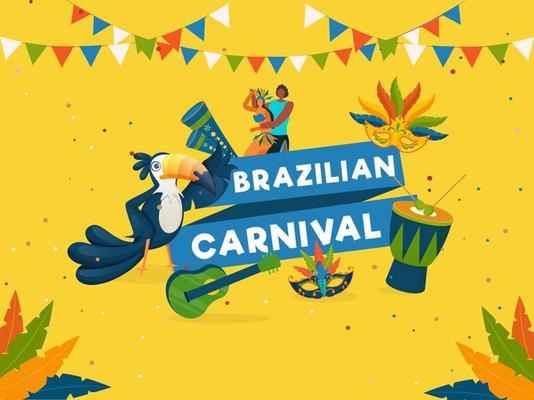 Brazilian Carnival Celebration Concept With Cartoon Couple Character, Toucan Bird, Party Masks, Music Instruments And Bunting Flags Decorated On Yellow Background.