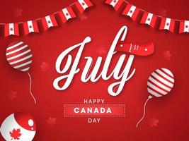 Paper Cut 1st July Font with Flying Balloons and Canadian Bunting Flags Decorated on Red Maple Leaves Background for Happy Canada Day. vector