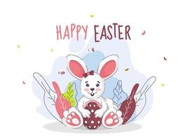 Happy Easter Text with Cartoon Bunny holding Egg in Sitting Pose, Butterflies and Leaves on White Background. vector