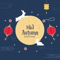 Mid Autumn Festival Concept with Silhouette Bunnies, Flowers and Hanging Chinese Lanterns Decorated on Blue Overlap Semi Circle Background. vector