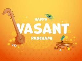 Hapy Vasant Panchami Text With Veena Instrument, Holy Books, Flowers, Lit Oil Lamp On Gradient Orange Background. vector