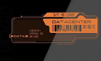 Cyberpunk decal. Vector sticker, label in futuristic style. Inscriptions and symbols, Japanese hieroglyphs for attention, high voltage.