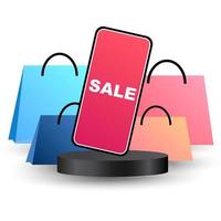 Online shopping icons for website, application, digital marketing, sale promotion, store on screen smartphone showing icon 3d display. vector