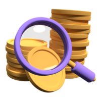 Magnifying glass with stack of coins. Dollar and magnifying glass isolated on transparent background. Business research concept. 3d rendering illustration png