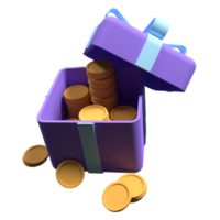 3d open gift box with coins and ribbon. Money prize reward. Earn point and get rewards. 3d rendering illustration png