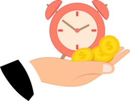 ilustración de un mano participación un alarma reloj y monedas hora administración concepto. hora es dinero png