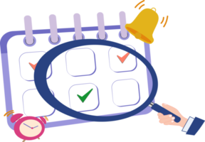 calendar and magnifying glass icon. search, clock, and reminder calendar icons. notification concept. daily schedule view concept png