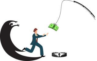 money trap concept businessman reach to money dollar with fishing hook. businessman frightened with his own shadow png
