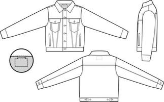 Men unisex cropped denim jean jacket trucker vector flat technical drawing illustration mock-up template for design and tech packs fashion CAD streetwear fashion brand design resource file slim.