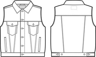 hombres unisexo regular ajuste mezclilla vaquero chaqueta chaleco cortar sin mangas con cuello plano técnico dibujo ilustración blanco Bosquejo modelo para diseño y tecnología paquetes canalla técnico bosquejo vector