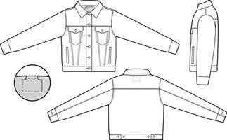 mujer recortado mezclilla vaquero chaqueta camionero vector plano técnico dibujo ilustración Bosquejo modelo para diseño y tecnología paquetes Moda canalla ropa de calle Moda marca diseño recurso archivo delgado.