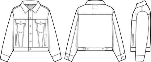 Men unisex cropped denim jean jacket trucker vector flat technical drawing illustration mock-up template for design and tech packs fashion CAD streetwear fashion brand design resource file slim.
