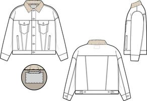 Men unisex oversized sherpa denim jean jacket trucker vector flat technical drawing illustration mock-up template for design and tech packs fashion CAD streetwear fashion brand design file baggy.