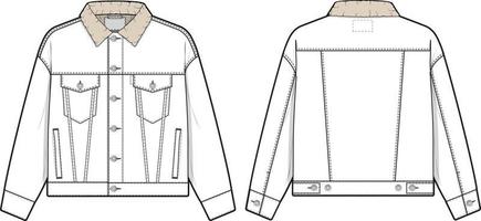 Unisex Men Sherpa denim jacket trucker vector flat technical drawing illustration mock-up template for design and tech packs fashion CAD streetwear fashion brand design tool resource file regular fit.
