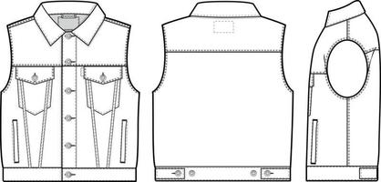 hombres unisexo recortado mezclilla vaquero chaqueta chaleco cortar sin mangas Delgado ajuste con cuello plano técnico dibujo ilustración blanco Bosquejo modelo para diseño y tecnología paquetes canalla técnico bosquejo vector