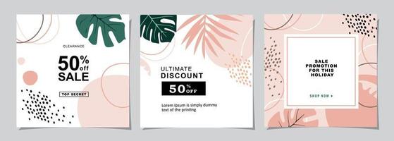 Set for square web banner for social media post design template. summer sale promotion. discount backgrounds with tropical pattern. mobile apps advertising. vector
