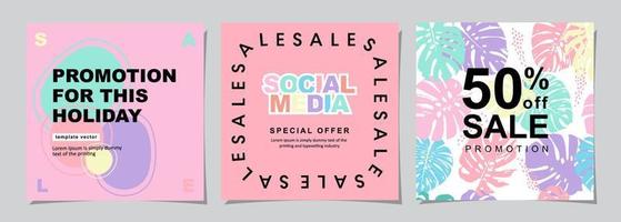 Set for square web banner for social media post design template. summer sale promotion. discount backgrounds with tropical pattern. mobile apps advertising. vector