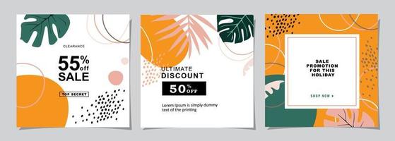 Set for square web banner for social media post design template. summer sale promotion. discount backgrounds with tropical pattern. mobile apps advertising. vector