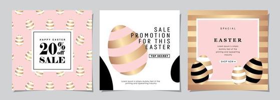 Happy Easter Set of Sale banners, social media, greeting cards, posters, holiday covers. Trendy design with typography, hand painted plants, dots, eggs and bunny, in pastel colors. banner background. vector