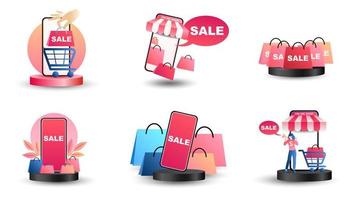 Online shopping icons for website, application, digital marketing, sale promotion, store on screen smartphone showing icon 3d display vector