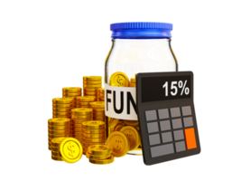 3d minimal provident fund concept. Old age living allowance concept. Futuristic investment. A pile of Money in a glass jar with a calculator. 3d illustration. png