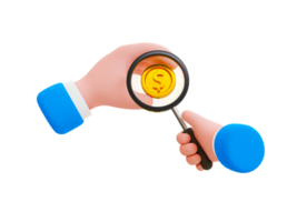 3d minimal financial analysis concept. Financial strategy. Business examination. Hand holding a magnifying glass and dollar coin. 3d illustration. png