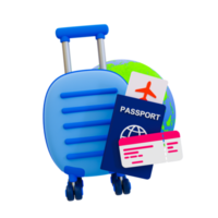 3d minimal Holiday travel trip. Travel or tourism concept. Summer vacation trip. Relaxation time concept. Luggage with a passport, airplane ticket, and a globe. 3d illustration. png