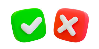 3d minimal Green tick check mark and cross mark symbols. yes and no, rejected and approved. correct sign and wrong sign, 3d illustration. png