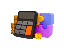 3d minimal business success concept. financial target goal concept. problem-solving concept. strategy achievement. Calculator with a jigsaw and a pile of coins. 3d illustration. png