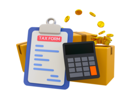 3d minimal accounting taxation concept. tax calculating concept. Taxes on goods and services concept. tax clipboard with calculator and parcels. 3d illustration. png