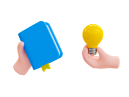 3d minimal problem-solving concept. figuring out a problem concept. reading for getting a new idea. hand holding a book and hand holding a light bulb. 3d illustration. png