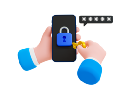 3d cartoon password verification. Password authentication concept. Login process. Authorized user. Hand holding a key unlocking a smartphone. 3d rendering illustration. png