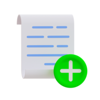 3d insert file. add paperwork. document with a green add sign. 3d illustration. png