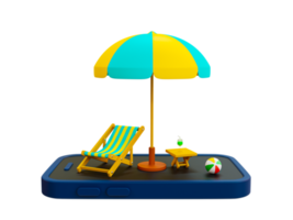 3d minimal summer theme. Beach theme. vacation time. recreational time. Smartphone with beach compositions. 3d rendering. png