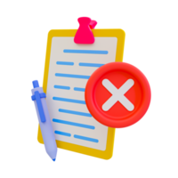 3d minimal wrong document. paperwork rejected. disapproved, no, False, not Ok. document clipboard with a pen and Red cross circle. 3d illustration. png