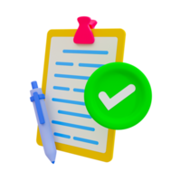 3d minimal correct document. paperwork approved. accepted, ok, right. document clipboard with a pen and green checkmark. 3d illustration. png