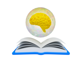 3d cartoon brain development concept. Self-development. Learning to get a new idea. Brain inside bubbles floating on top of a book. 3d rendering illustration. png