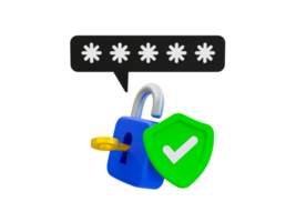 3d minimal password verification. Password authentication concept. Login success. Authorized user. Key with padlock and green shield with a check mark. concept. 3d rendering illustration. png