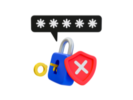 3d minimal password verification. Password authentication concept. Login failed. Unauthorized user. Key with padlock and red shield with a cross mark. concept. 3d rendering illustration. png