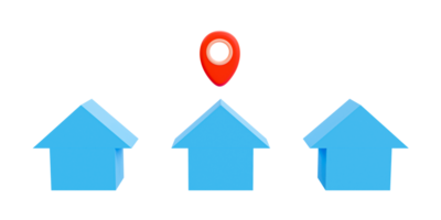 3d minimo prodotti consegna. pacchi trasporto. merce distribuzione. posizione marchio per merce logistica processi. semplice Casa forme con Posizione icona. 3d interpretazione illustrazione. png