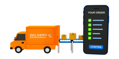 3d minimal loading goods into a delivery car. Orders affirmation. Customer product list confirmation. Delivery truck with a stack of parcels. 3d rendering illustration. png