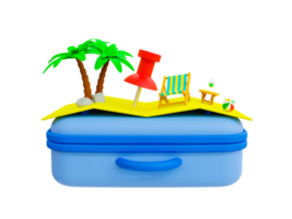 3d minimal Holiday travel concept. vacation trip. Recreational time. summer vacation time. Beach compositions on luggage palm trees, beach chair, and beach table. 3d rendering. png